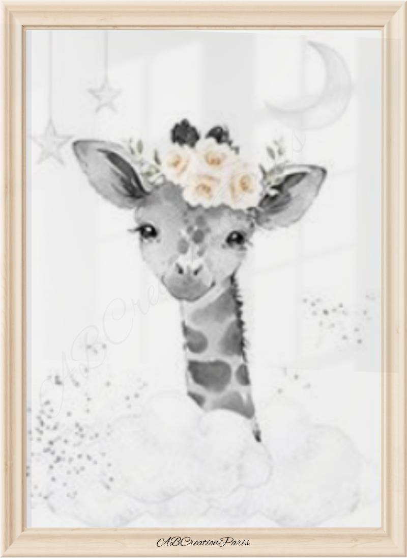 Affiche girafe bébé sur nuage avec fleurs - déco savane personnalisable pour chambre enfant