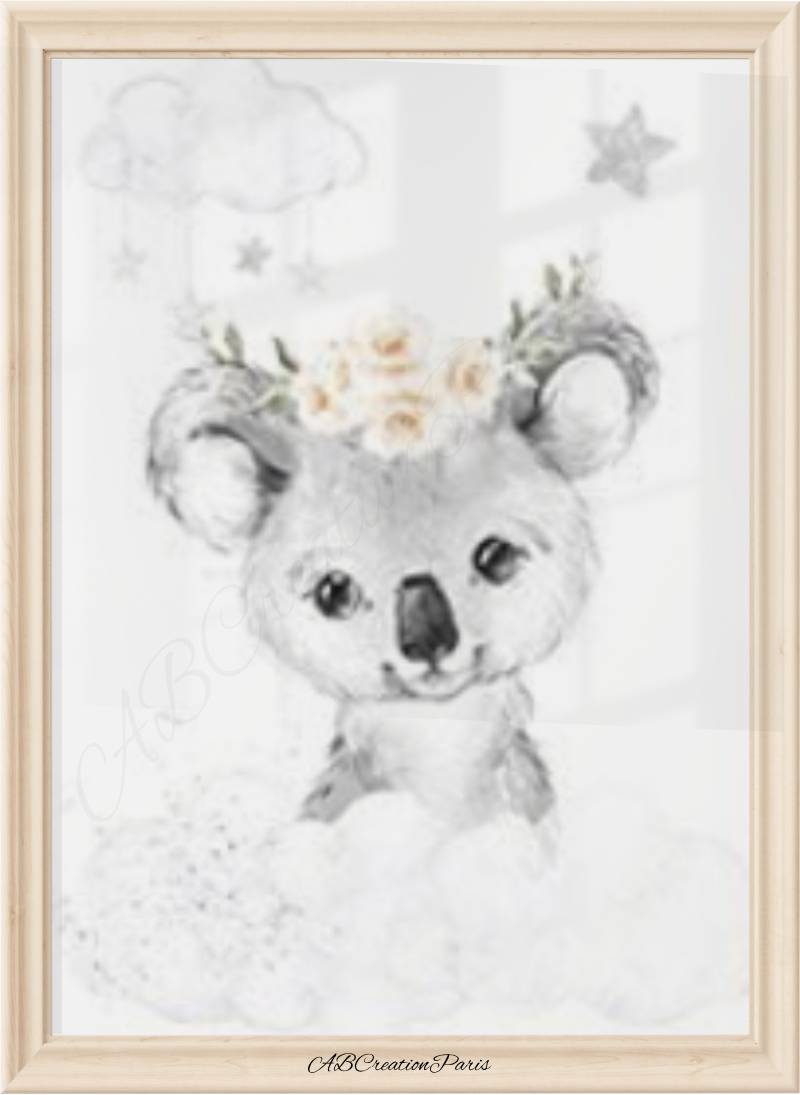 Affiche koala bébé avec couronne florale sur nuage - style jungle pour décoration bébé fille