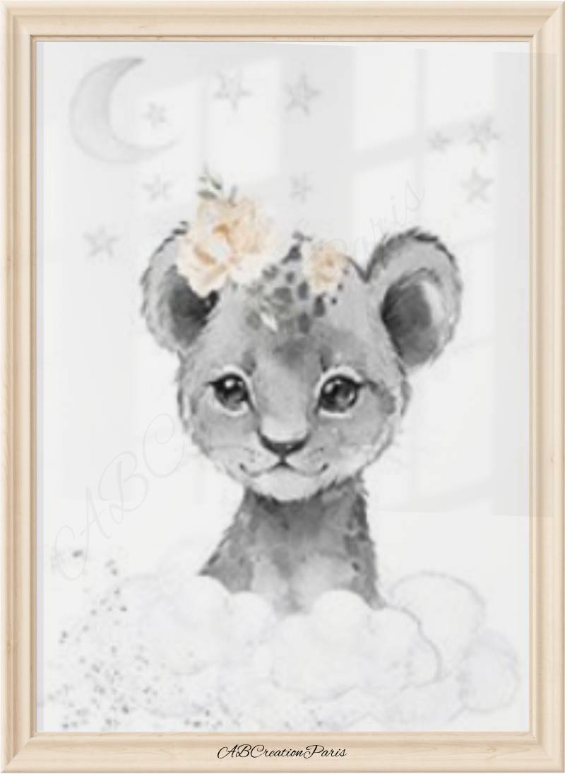 Affiche lionceau bébé sur nuage avec lune et étoiles - thème safari pour chambre bébé