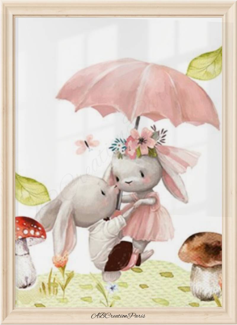 Affiche murale lapins amoureux – déco chambre bébé fille thème nature