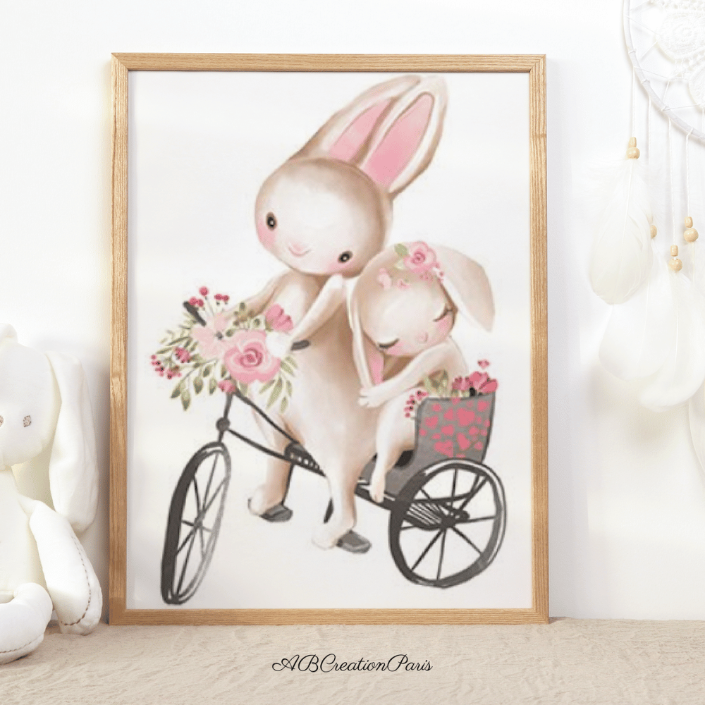 affiche maman lapin sur son velo avec bebe lapin