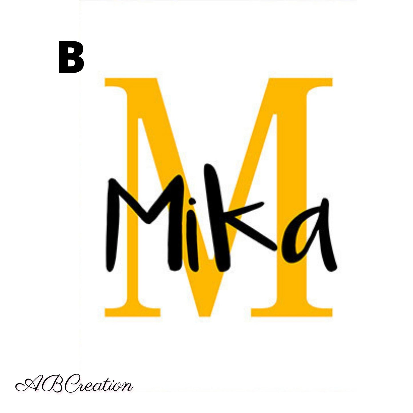 Poster prénom Mika avec lettre M jaune – décoration murale chambre bébé personnalisée