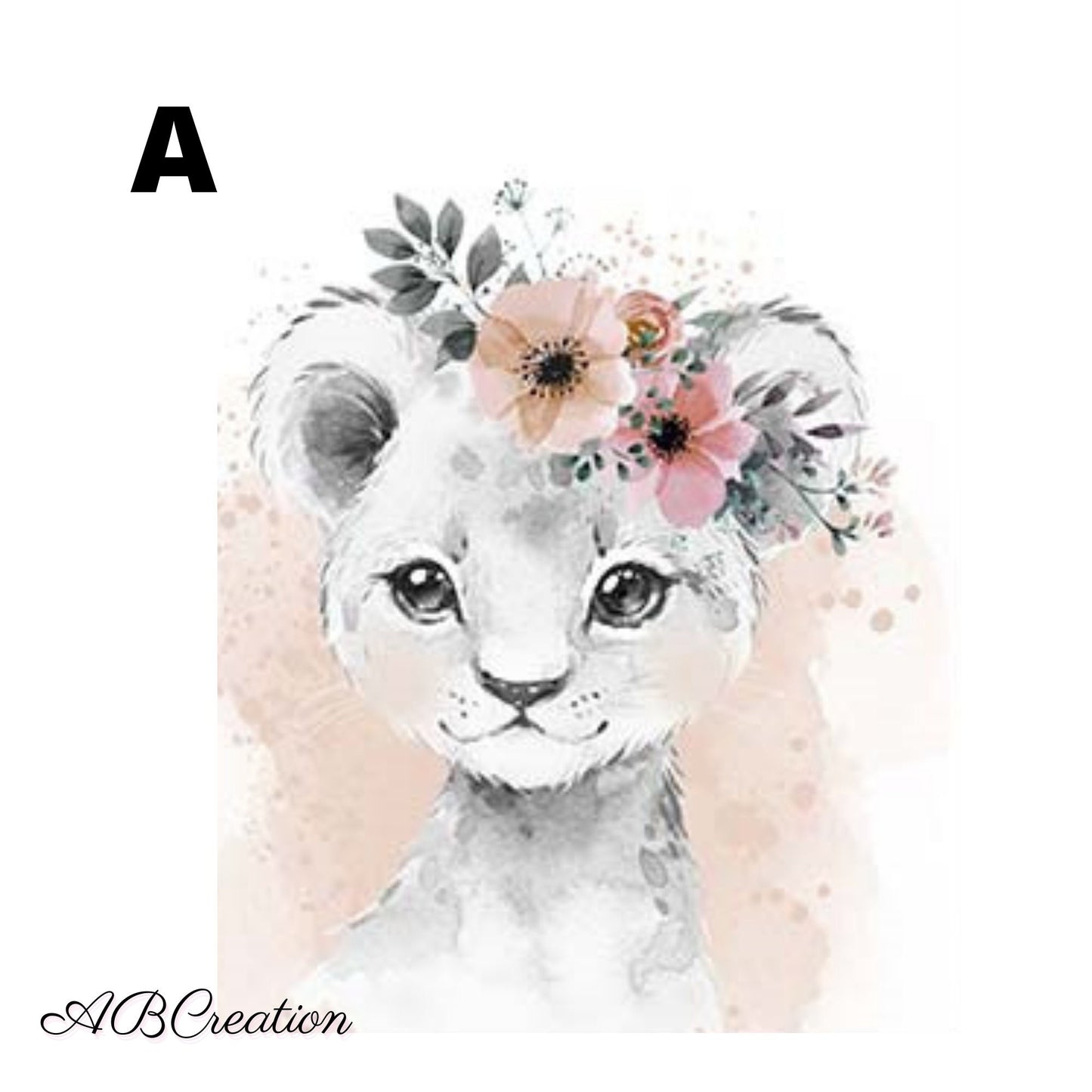 affiche petit lion, fleur peche et fond aquarelle