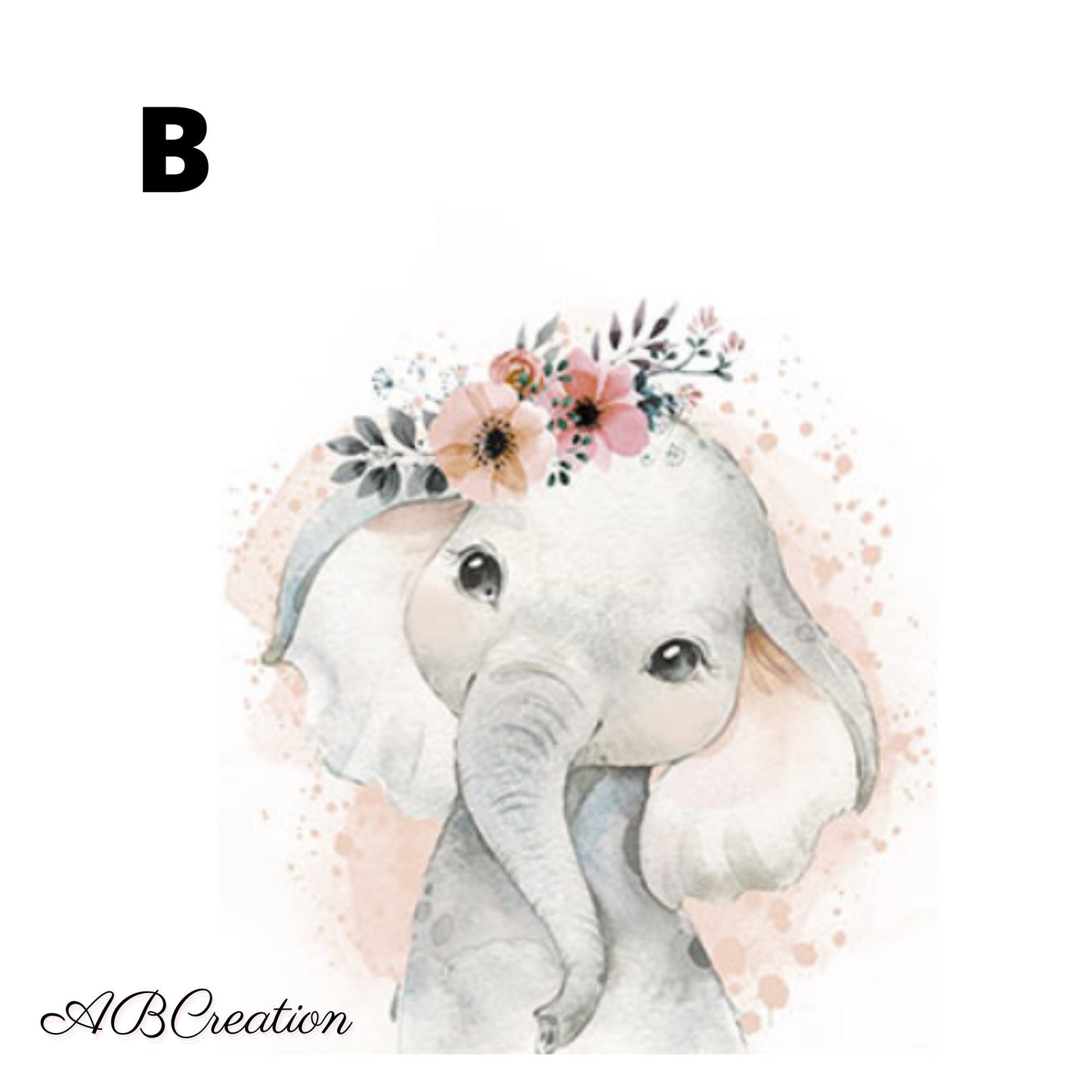 affiche petit éléphant, fleur pèche et fond aquarelle