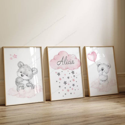Affiche ourson rose et prénom dans un nuage - Cadeau de baptême idéale et original