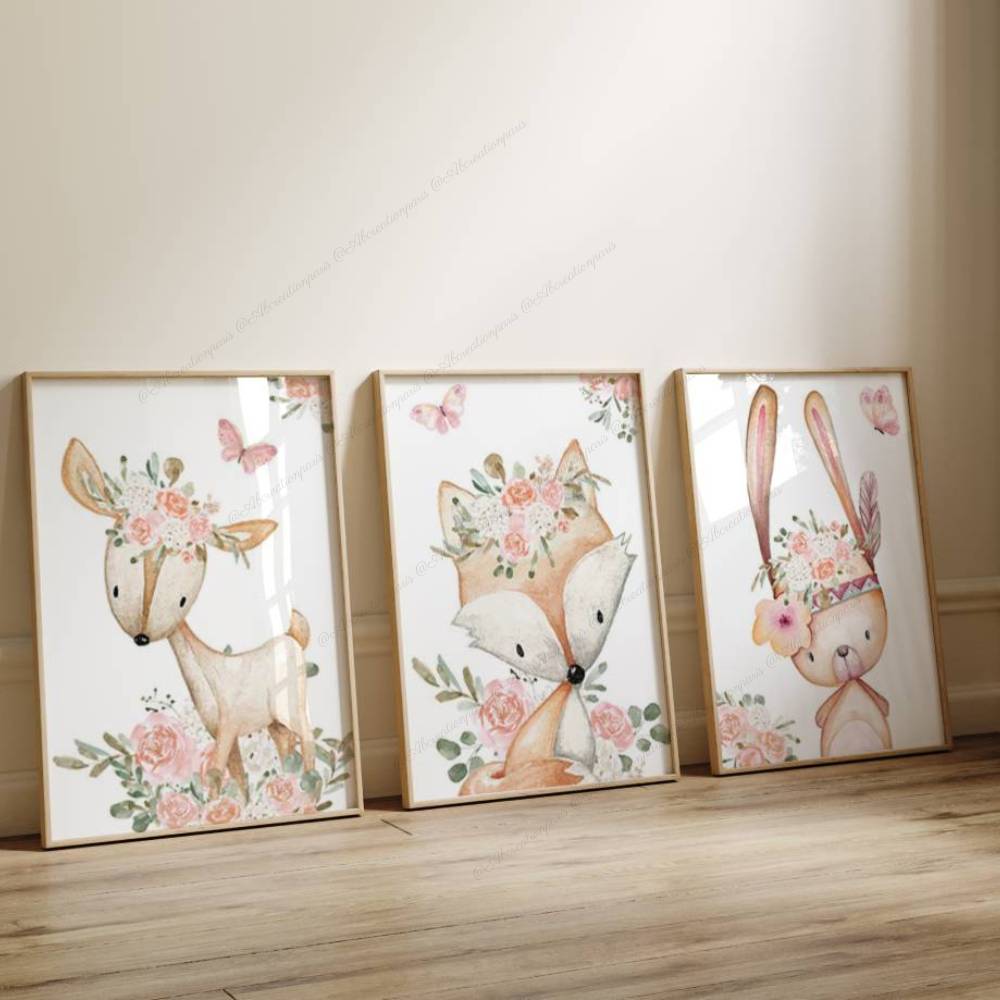 Affiche animaux de la foret - décoration chambre bébé fille 