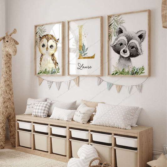 Affiche animaux de la foret et initiale en or pour chambre bébé 