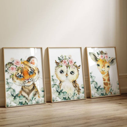 Affiche animaux de la jungle et couronne de fleur 