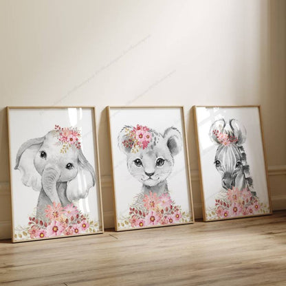 Affiche chambre bébé fille animaux savane rose 