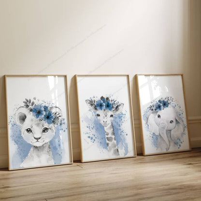 Affiche animaux de la jungle et fond bleu. Décoration murale chambre enfant 