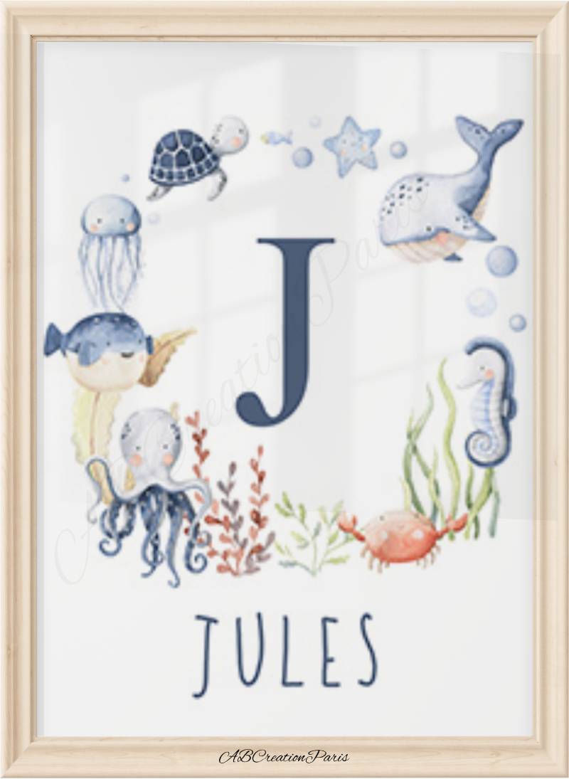 Affiche prénom personnalisé bébé garcon thème océan 