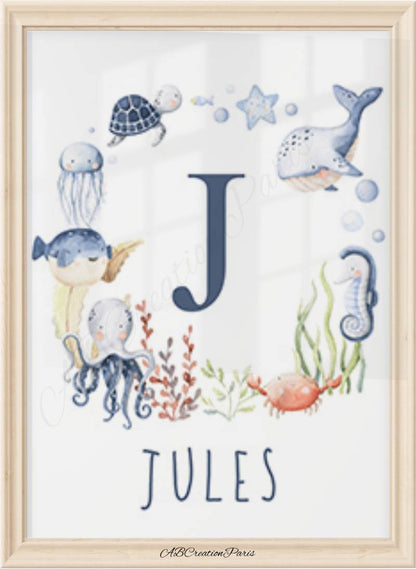 Affiche prénom personnalisé bébé garcon thème océan 