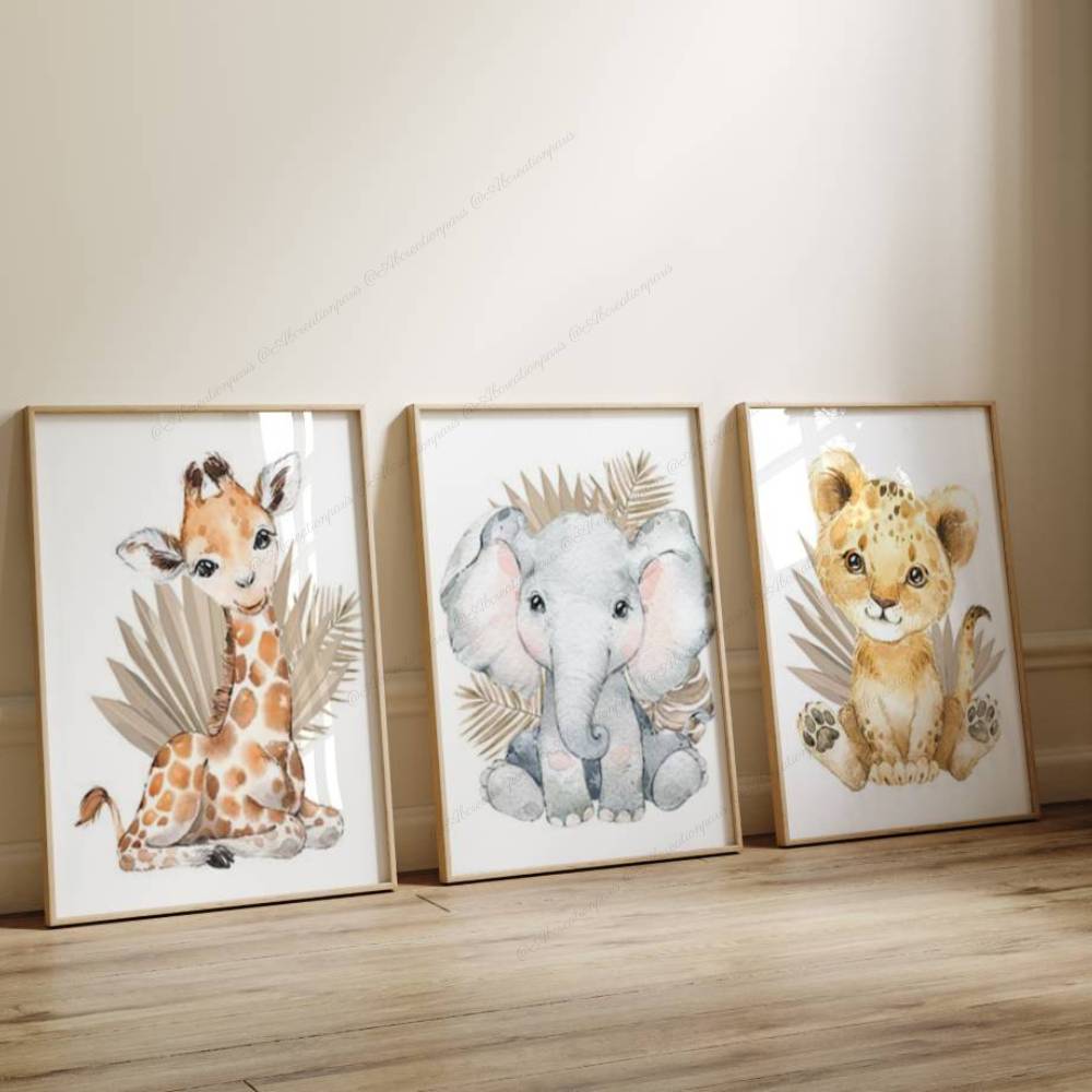Décoration chambre enfant. Affiche bébé animaux et feuille d'or