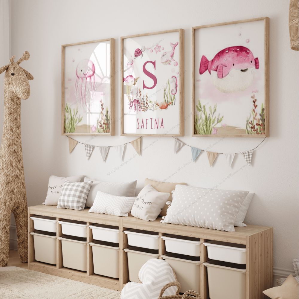 trio d'affiche murale thème marin animaux de la mer rose