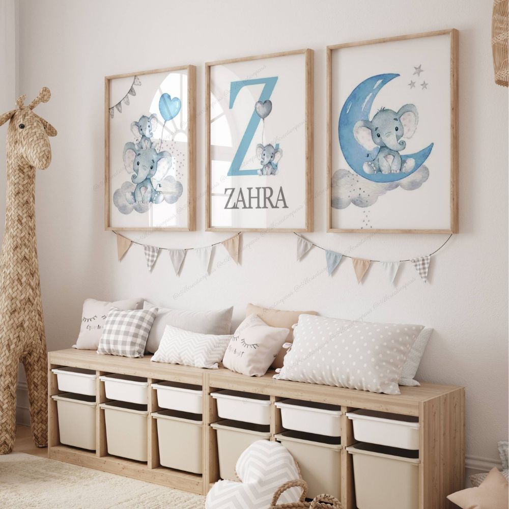 Décoration chambre bébé garcon avec 3 toiles elephant et lune coloris bleu ciel 