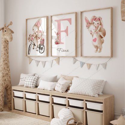 3 affiches lapin ton rose et prénom personnalisée