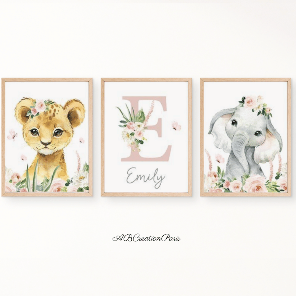 affiche animaux lion et elephant et affiche prenom personnalise rose poudre