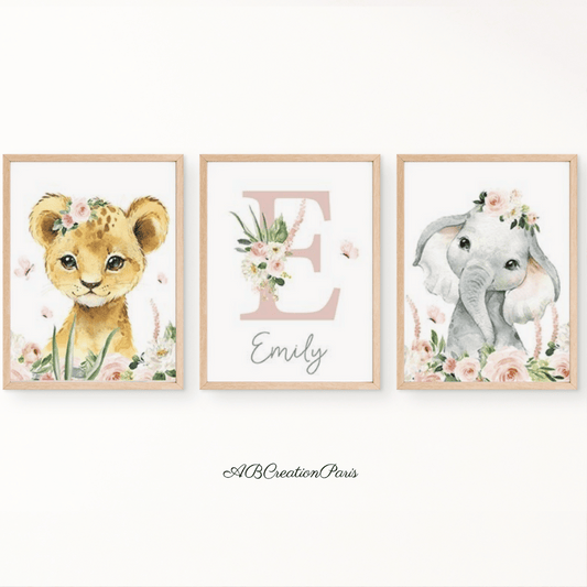 affiche animaux lion et elephant et affiche prenom personnalise rose poudre