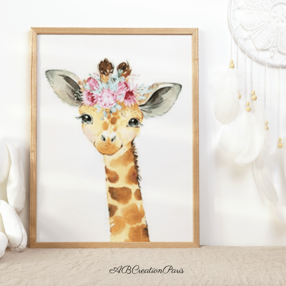 affiche girafe chambre fille courone fleur