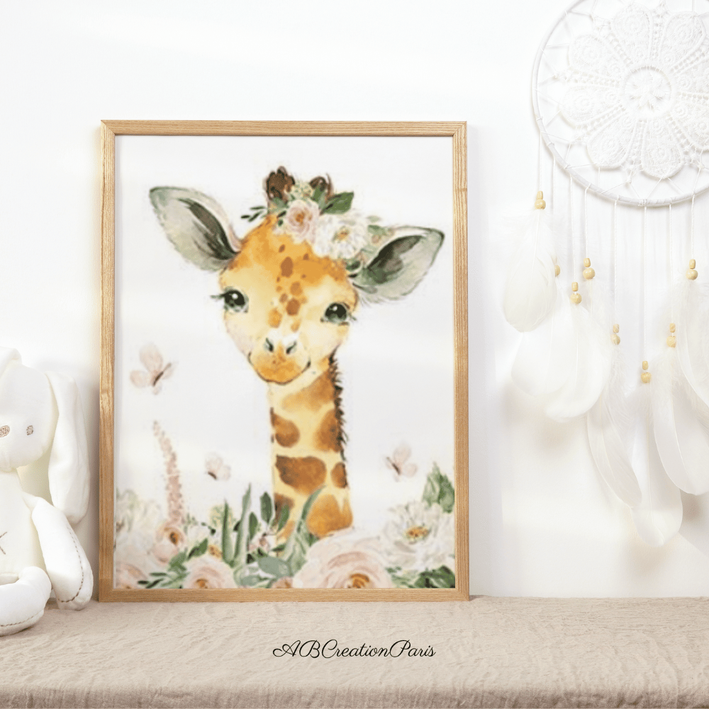 affiche girafe et couronne de rose