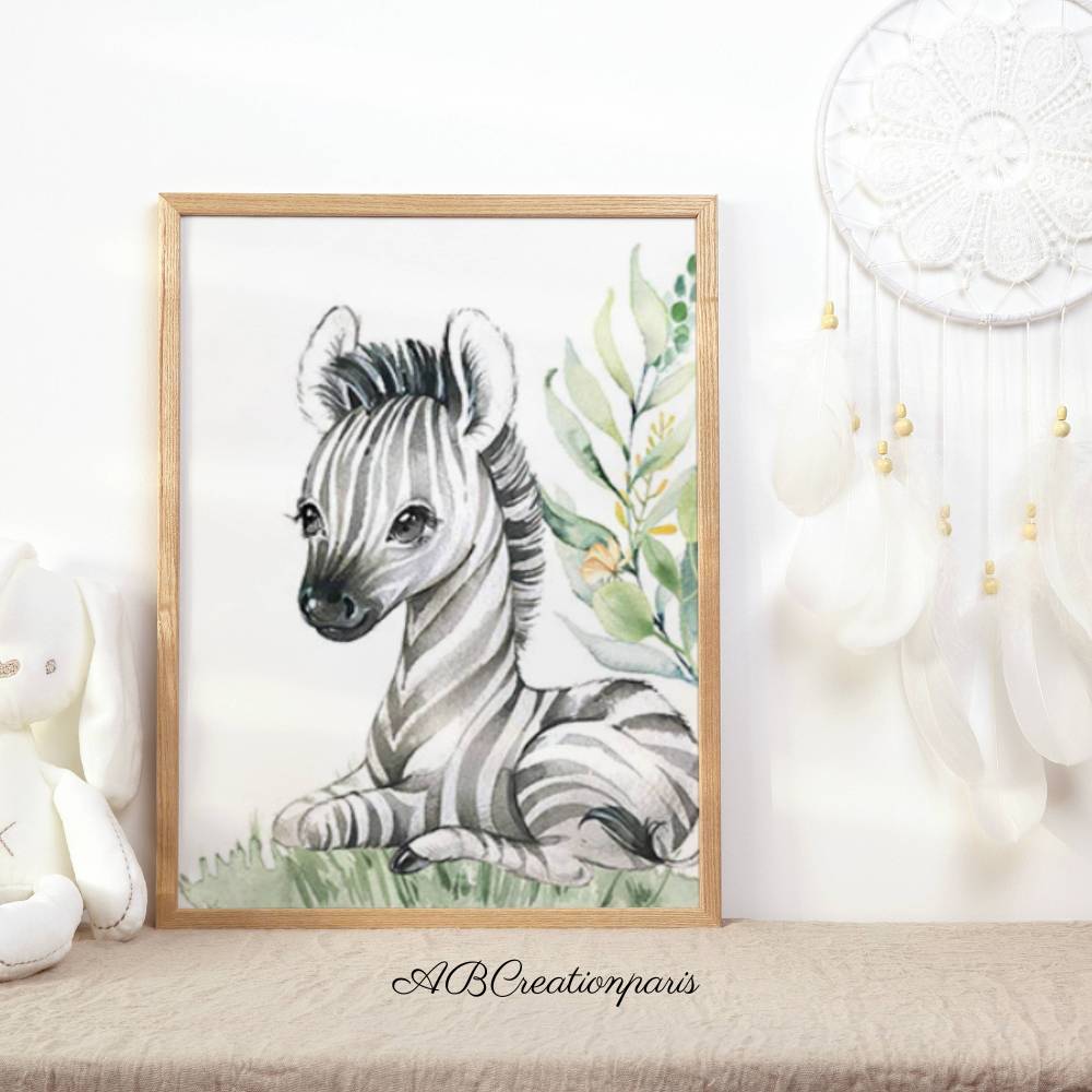 affiche representant un petit zebre assis sur l'herbe