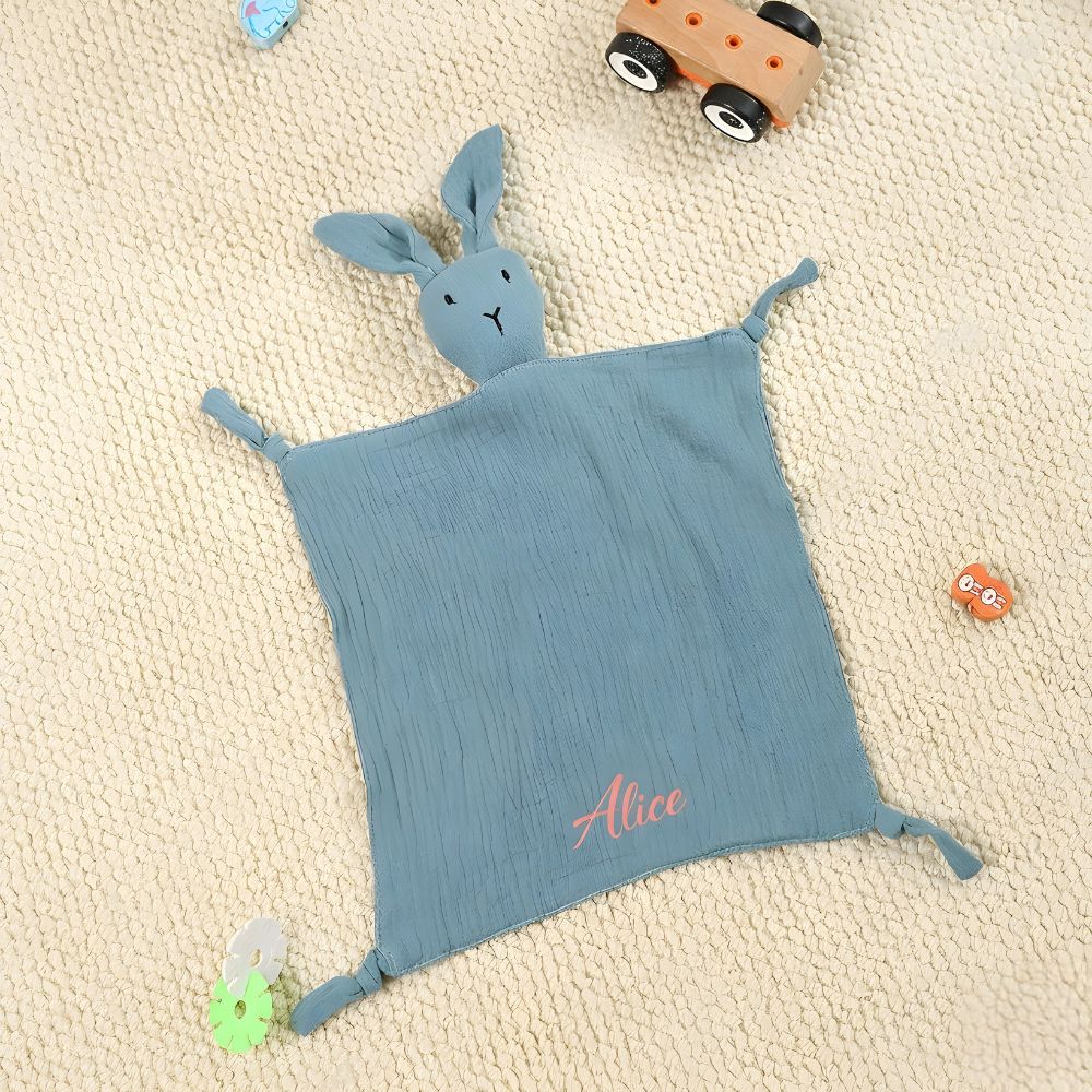 doudou lange en forme de lapin coloris bleu pétrole avec prénom brodé