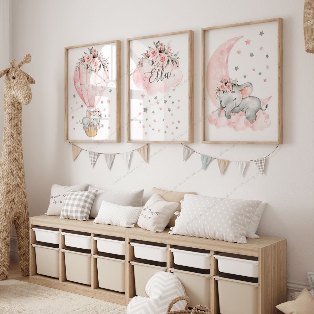 Décoration chambre bébé fille éléphant et prénom personnalisé. Cadeau de naissance fille