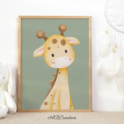 Affiche bébé girafe et arrière plan vert. Chambre bébé verte 