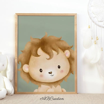 Affiche lion chambre bébé . L’arrière plan est vert 