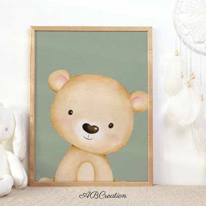 Affiche coloris vert et petit ours. Décoration nature chambre enfant 