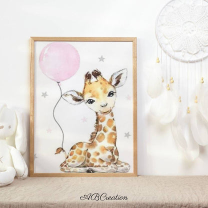 Affiche girafe et ballon rose a encadrer 