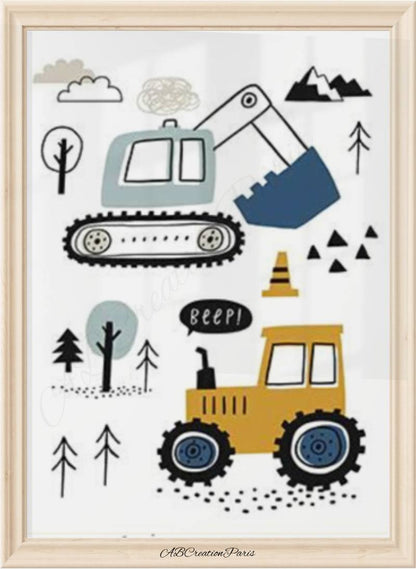 Poster pelleteuse et tracteur pour garçon – décoration murale véhicules de construction