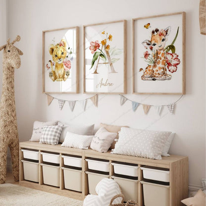 trio d'affiche pour chambre enfant theme jungle et prenom personnalisée