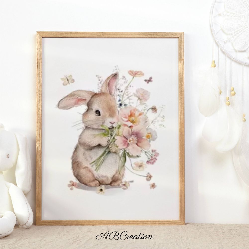 Tableau murale d’un petit lapin tenant un bouquet de fleur 
