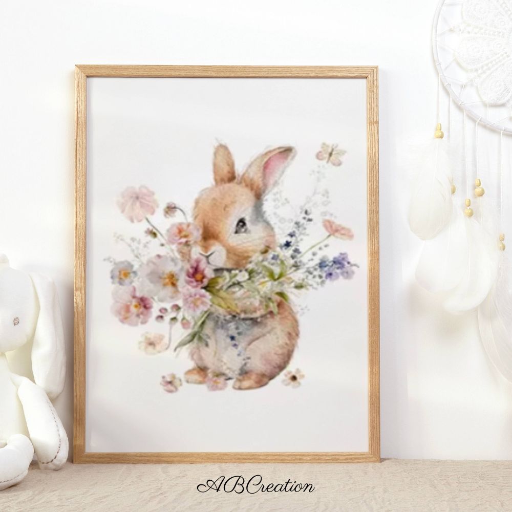 Toile lapin et bouquet de fleur 