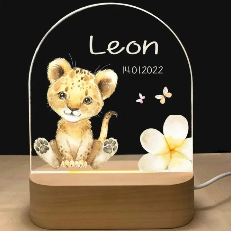 veilleuse lion savane avec prénom et date de naissance