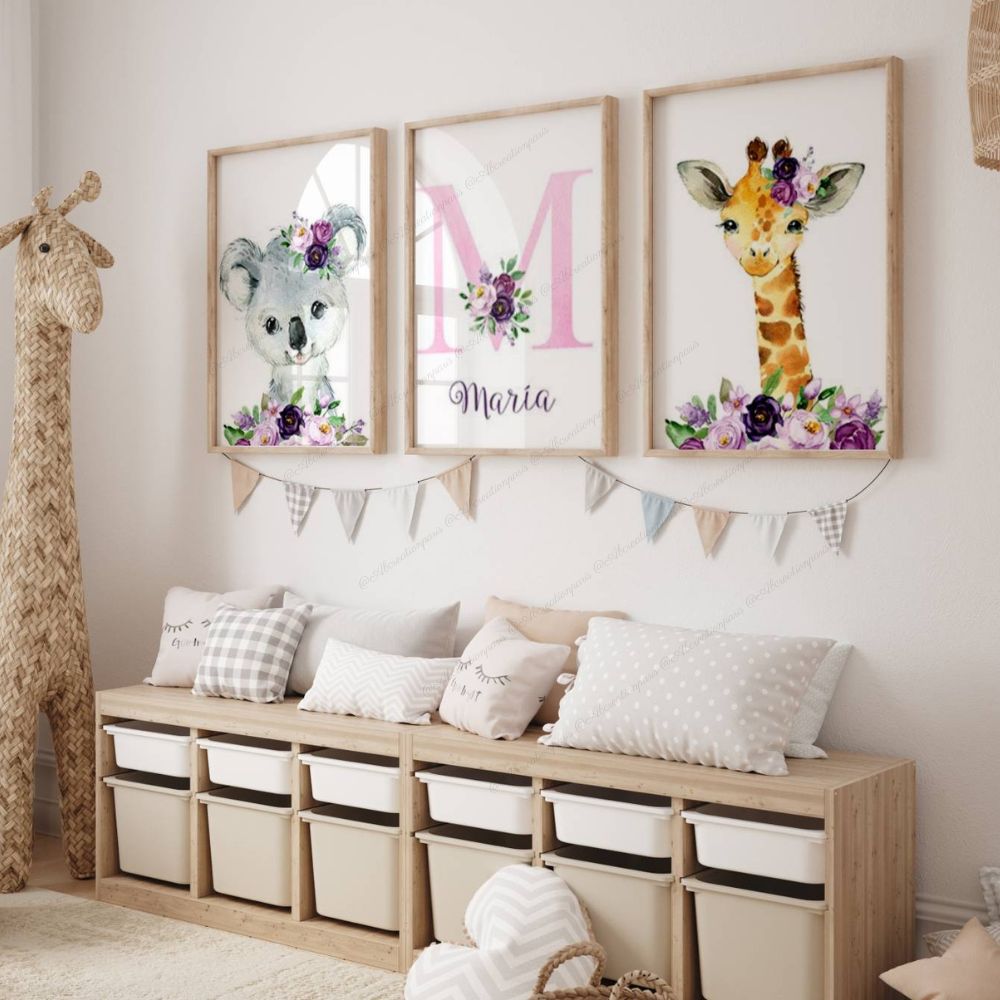 Affiche lion éléphant couronne de fleur prune et prénom personnalisé 