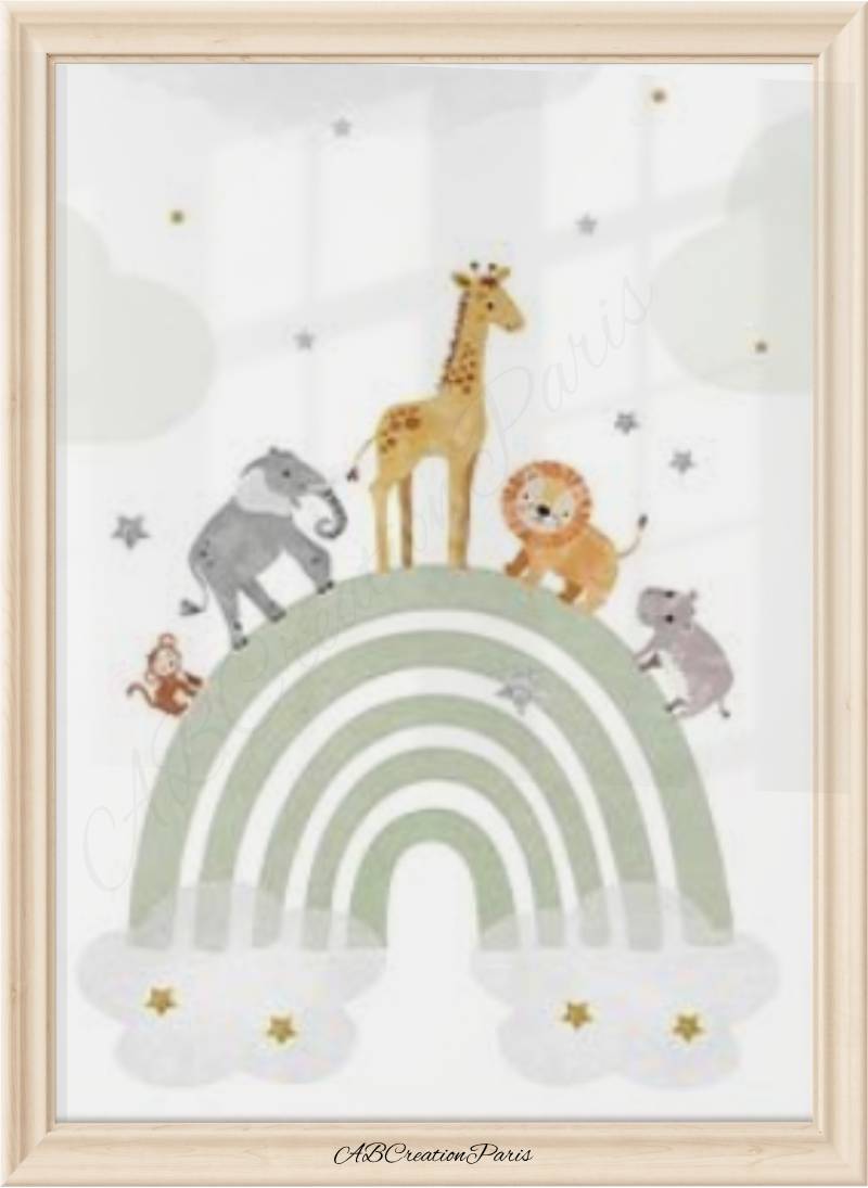 affiche arc en ciel couleur vert  et animaux safari 