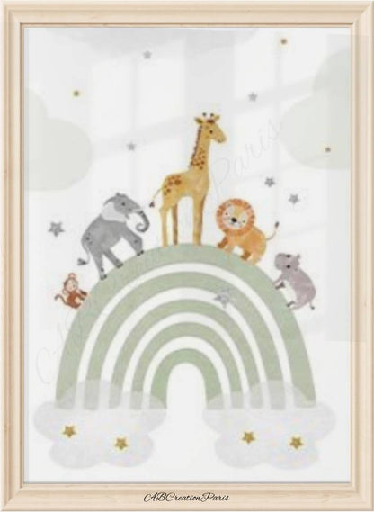 affiche arc en ciel couleur vert  et animaux safari 
