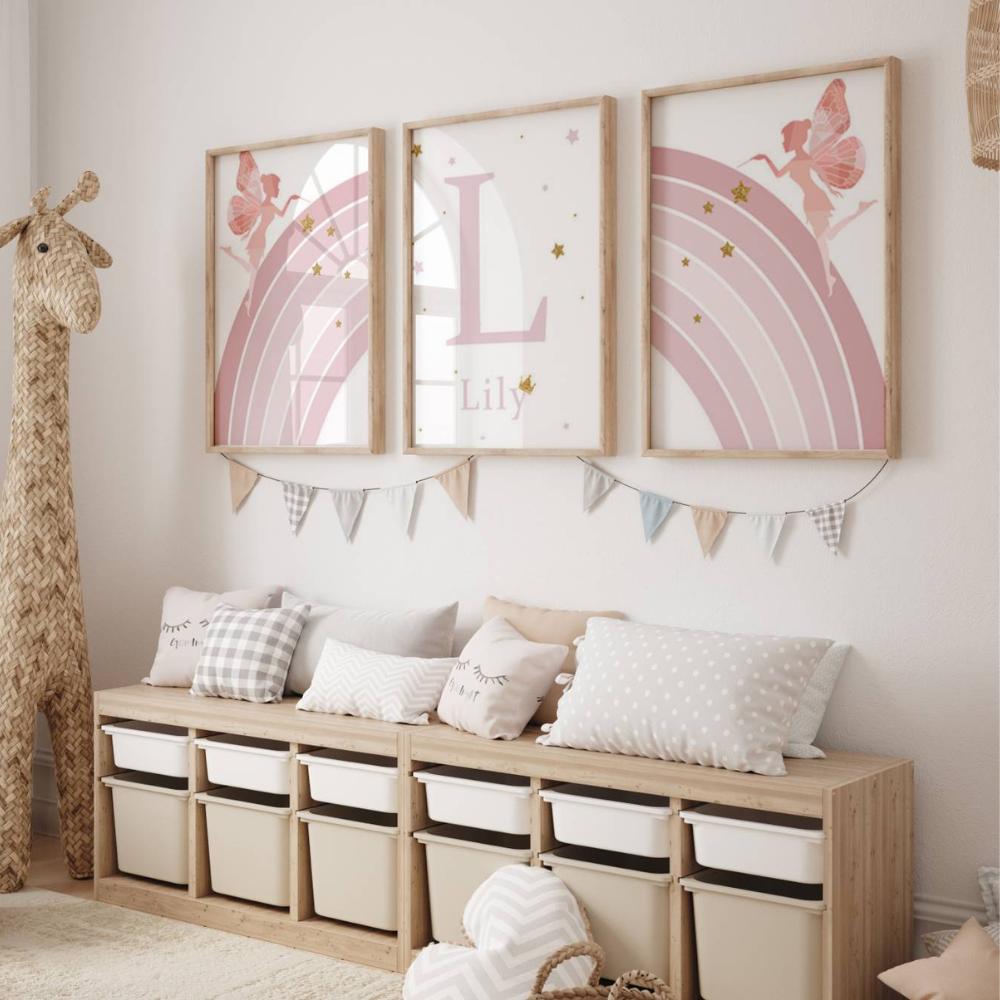 Poster arc-en-ciel rose et fée avec prénom personnalisé
