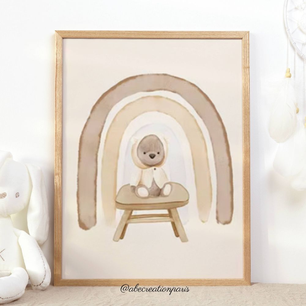 affiche arc en ciel et petit ours sur un tabouret colorie sable terracotta