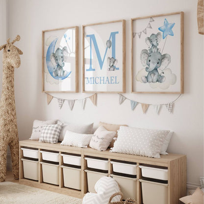 Déco éléphant chambre bébé garçon bleu ciel