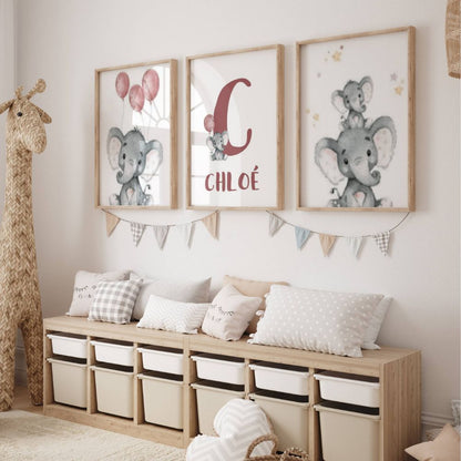 Affiche chambre bébé avec illustration éléphant et prénom personnalisé