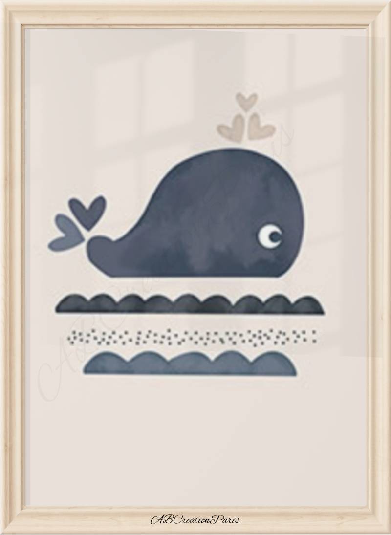 affiche chambre bebe represenant baleine et mer bleu, petit coeur gris pour une chambre terracotta
