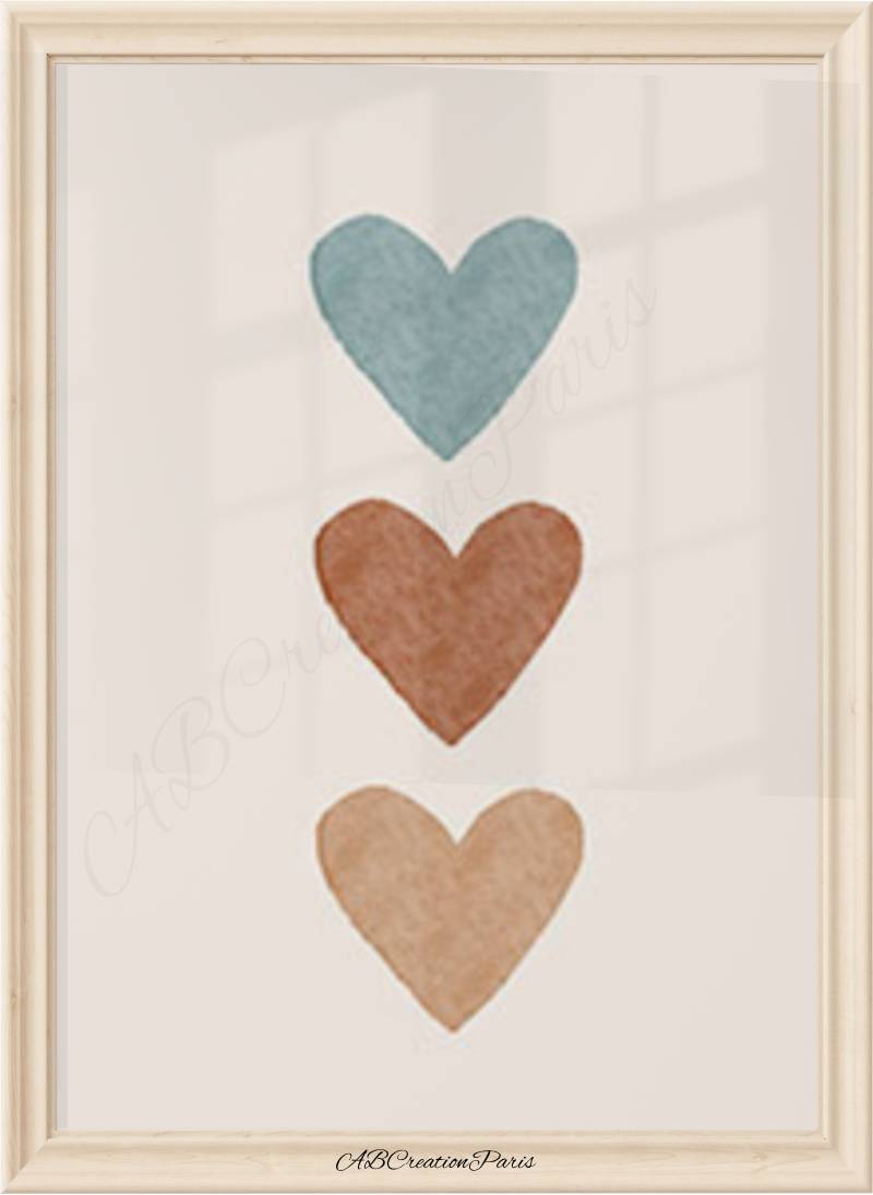 affiche chambre bebe mixte,  triple cœur terracotta