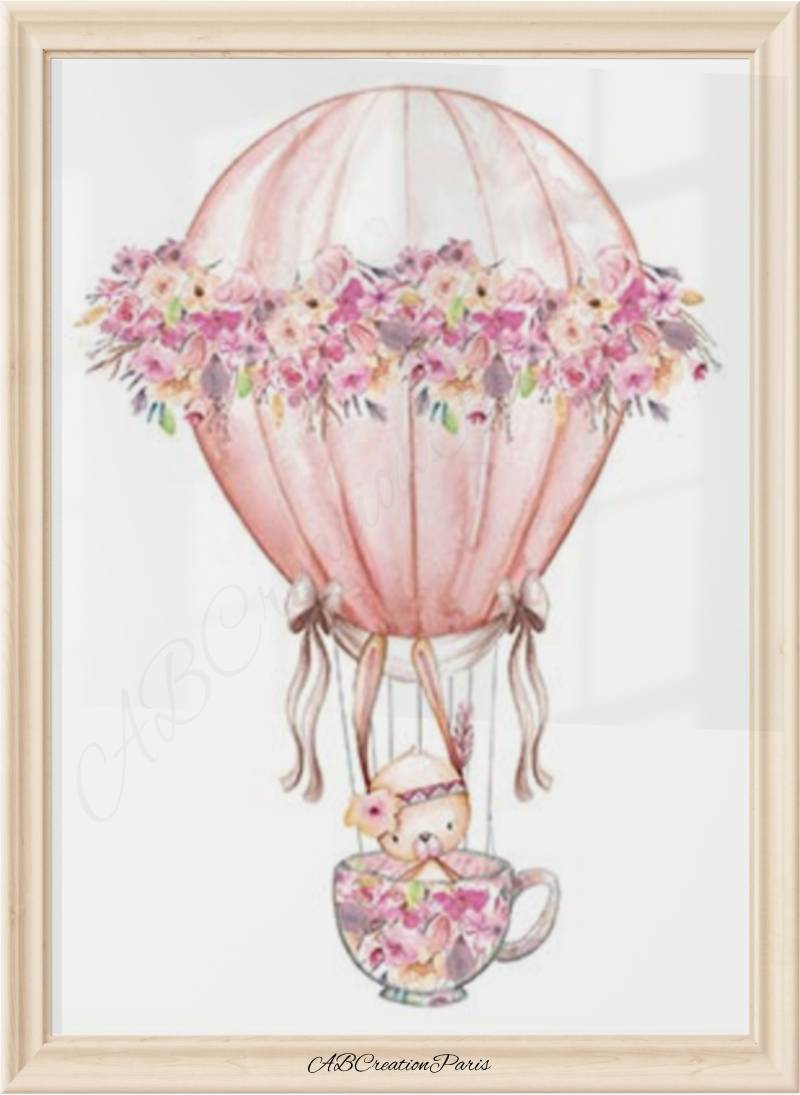 Affiche chambre bébé fille montgolfière rose – lapin et fleurs pour décoration mur