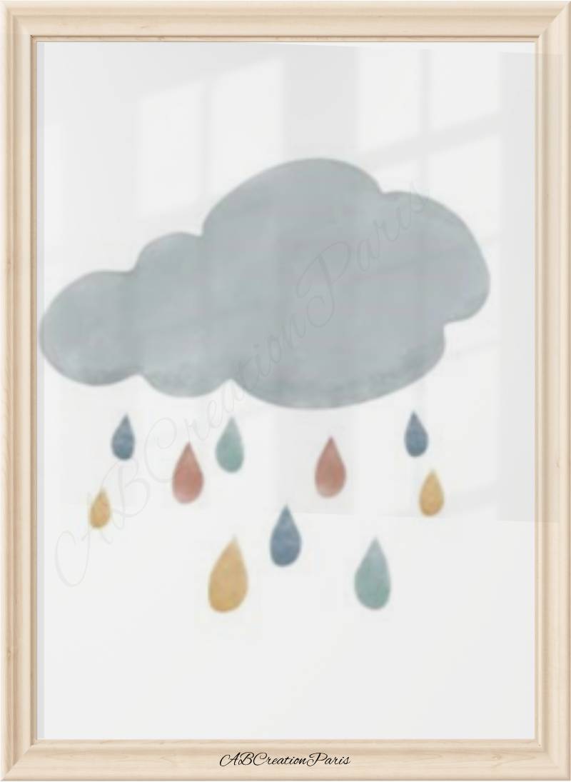 Affiche nuage et gouttes de pluie pastel – déco murale météo pour chambre bébé mixte