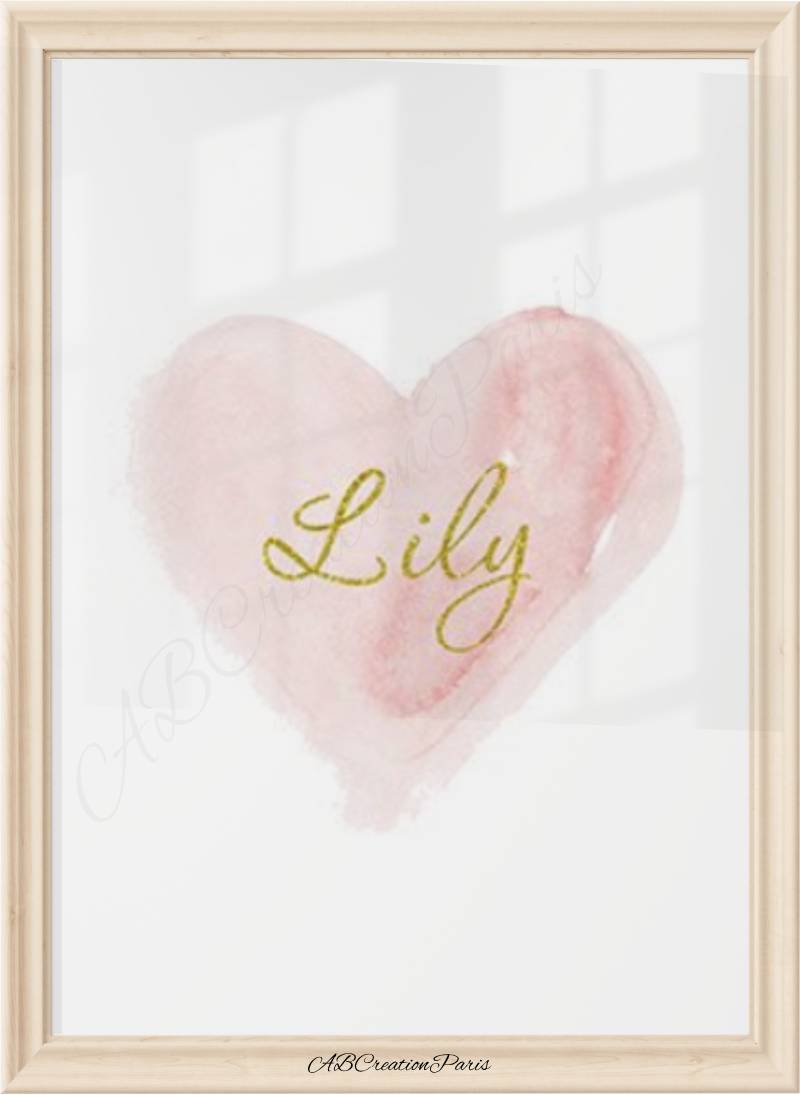 poster personnalisé fille coeur rose et prénom or