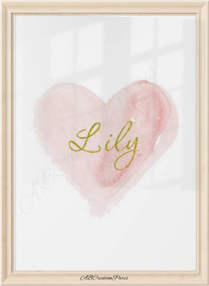 poster personnalisé fille coeur rose et prénom or