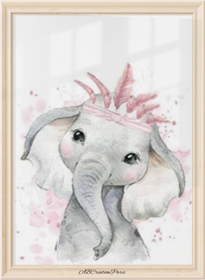 affiche éléphant chambre bébé ou enfant fille avec plumes roses